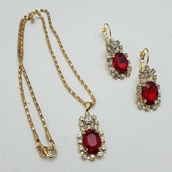 Ruby Faux Gold Tone 16" Necklace & Earrings Set - Picture 1 of 3